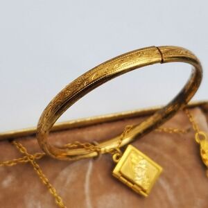 Vintage 24K Gold Plated Child's Bangle Bracelet & Locket Chain Necklace Baby Set